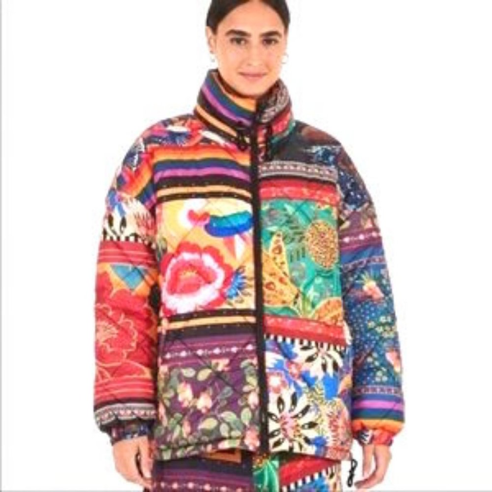 FARM Rio Mixed Scarves Reversible Puffer Jacket Patchwork Dopamine - Picture 5 of 14